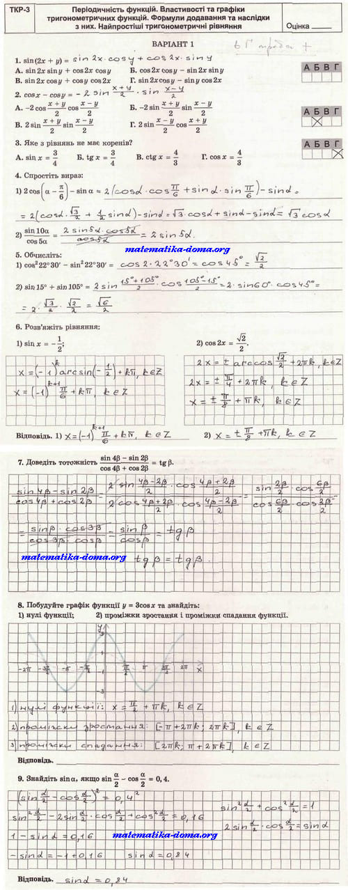 ТКР 3 варіант 1 гдз 10 клас алгебра зошит Істер 2018