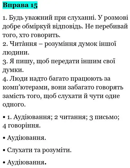 Зображення розв'язку вправи номер 15 з ГДЗ Українська Мова 5 клас Глазова