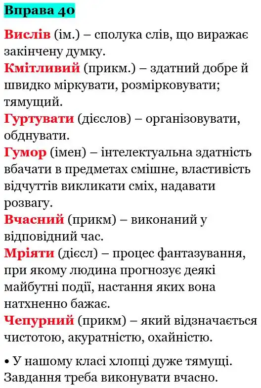 Зображення розв'язку вправи номер 40 з ГДЗ Українська Мова 5 клас Глазова