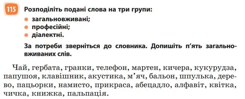 Зображення умови вправи номер 115 з підручника Українська Мова 5 клас Голуб
