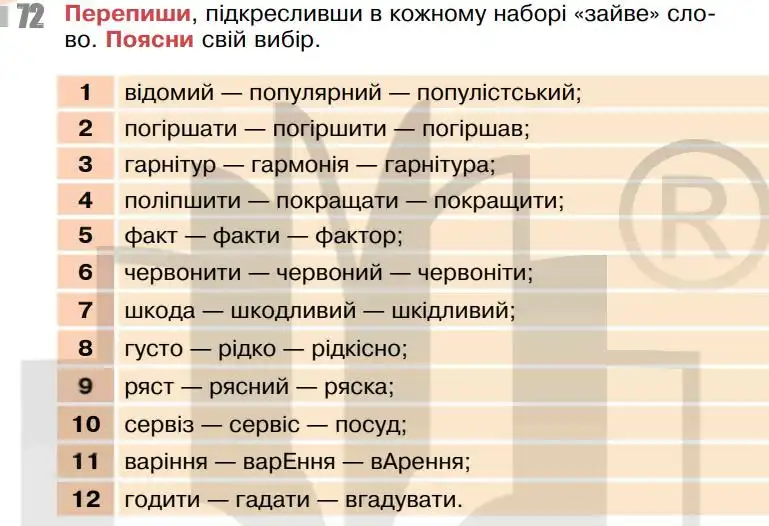 Зображення умови вправи номер 72 з підручника Українська Мова 5 клас Онатій