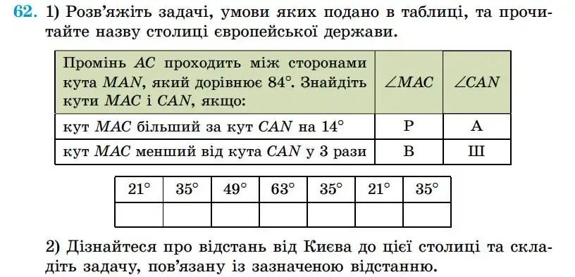 Зображення умови задачі номер 62 з підручника Геометрія 7 клас Істер