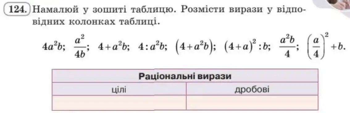 Зображення умови задачі номер 124 з підручника Алгебра 8 клас Бевз