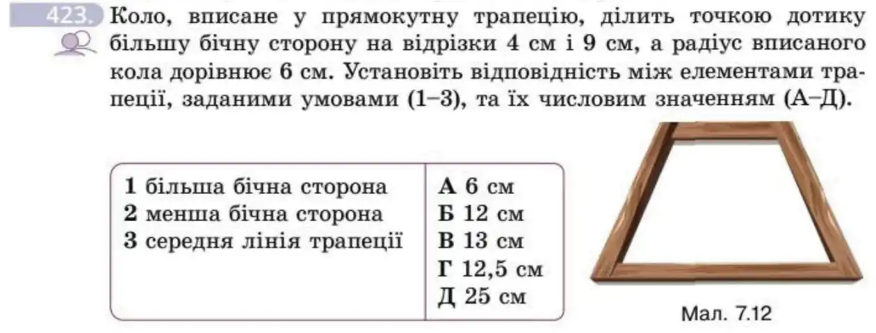 Зображення умови задачі номер 423 з підручника Геометрія 8 клас Бевз