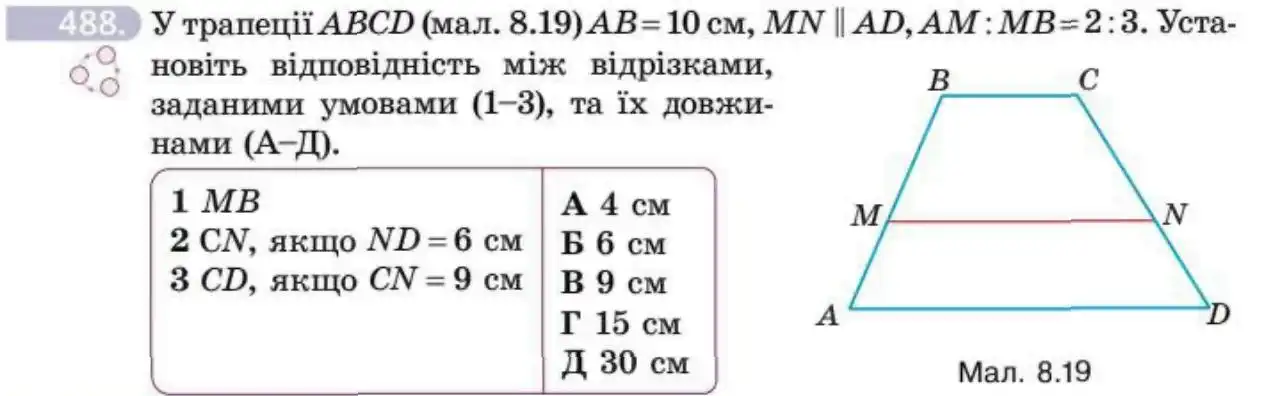 Зображення умови задачі номер 488 з підручника Геометрія 8 клас Бевз
